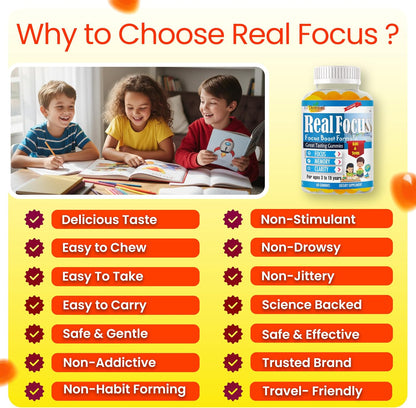 Real Focus Omega 3 for Kids – DHA Gummies for Attention, Memory & Concentration, Orange Flavour, Non-GMO (60 Count)