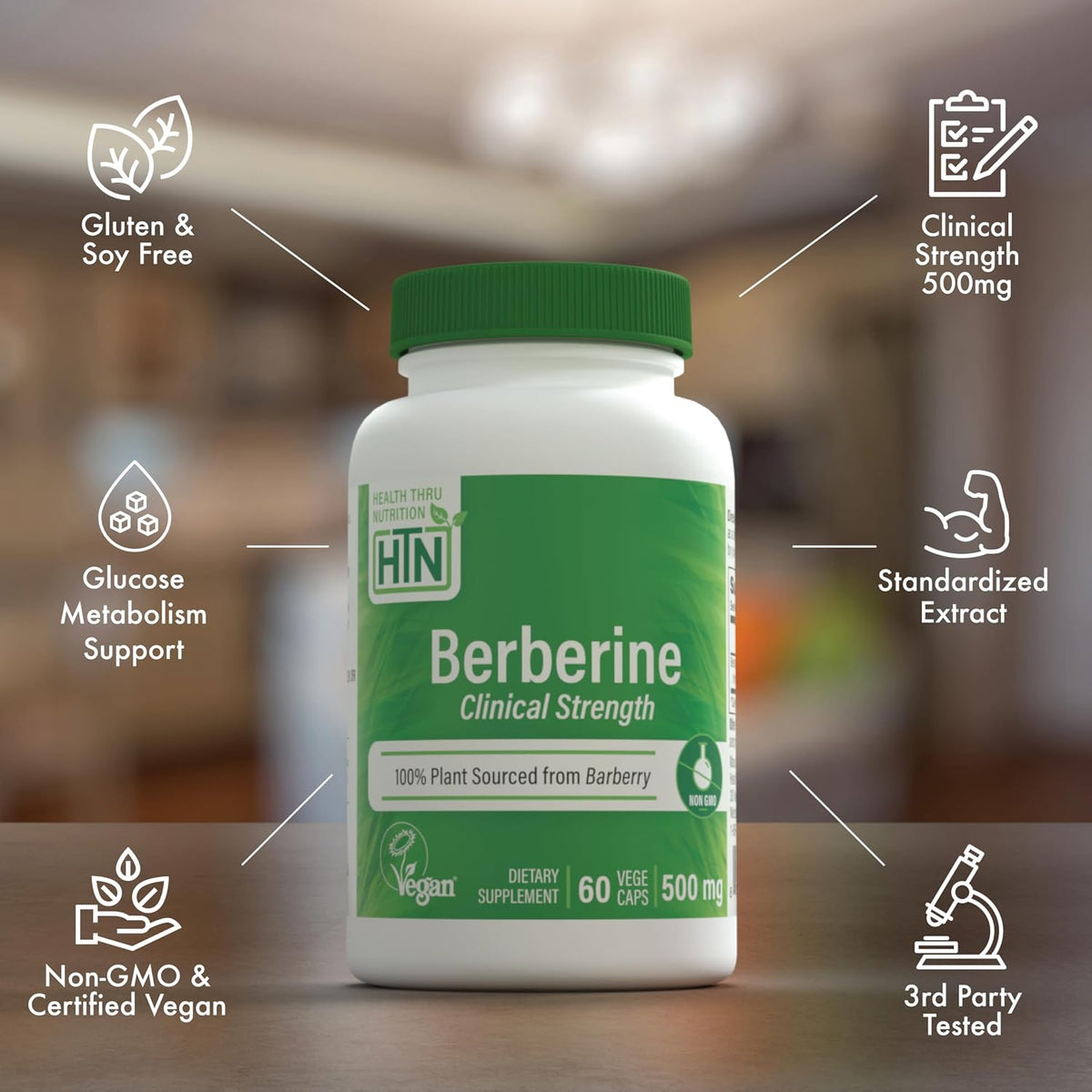 Health Thru Nutrition Berberine HCl 500mg – Clinical-Strength Supplement, Vegan, Non-GMO, 60 Capsules - görsel 4