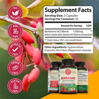 1200mg Berberine Herbal Health Capsules – Heart & Cardiovascular Support, 60 Capsules