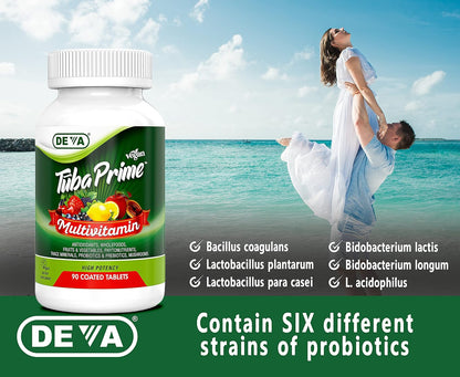 DEVA Tuba Prime Vegan Multivitamin – High-Potency Vitamin and Mineral Food Supplement with Antioxidants, Fruits, Vegetables, Super Mushrooms, Probiotics, Prebiotics, Seeds, Herbs – 90 Tablets