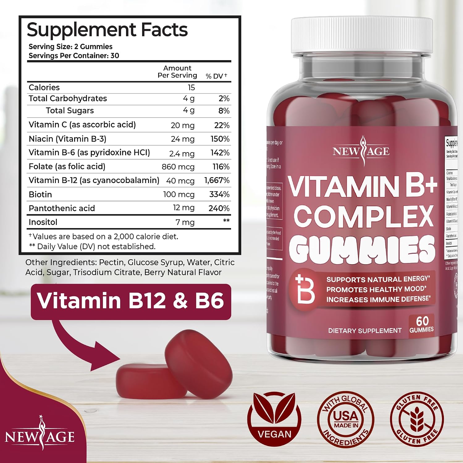 NEW AGE Vitamin B Complex Gummies with Vitamin B3, B6, & B12 – with Biotin, Folic Acid & Vitamin C – Gluten-free, Vegan, Made in the USA! (120 Count, Pack of 2) - görsel 2