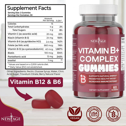NEW AGE Vitamin B Complex Gummies with Vitamin B3, B6, & B12 – with Biotin, Folic Acid & Vitamin C – Gluten-free, Vegan, Made in the USA! (120 Count, Pack of 2)