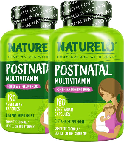 NATURELO Postnatal Multivitamin - Supplement for Breastfeeding Women - Plant-Based Vitamin D, Folate, Gentle Iron - 180 Capsules (Pack of 2)