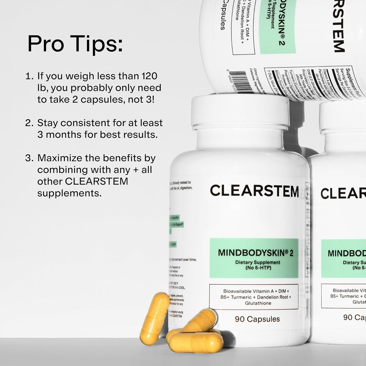 CLEARSTEM - MINDBODYSKIN Hormonal Acne Supplement (No 5-HTP) - Natural DIM Supplement - Skin care Vitamins - Hormone Balance, Antioxidants - Gluten-Free, Cruelty-Free - 30 Servings, 90 Capsules - görsel 6