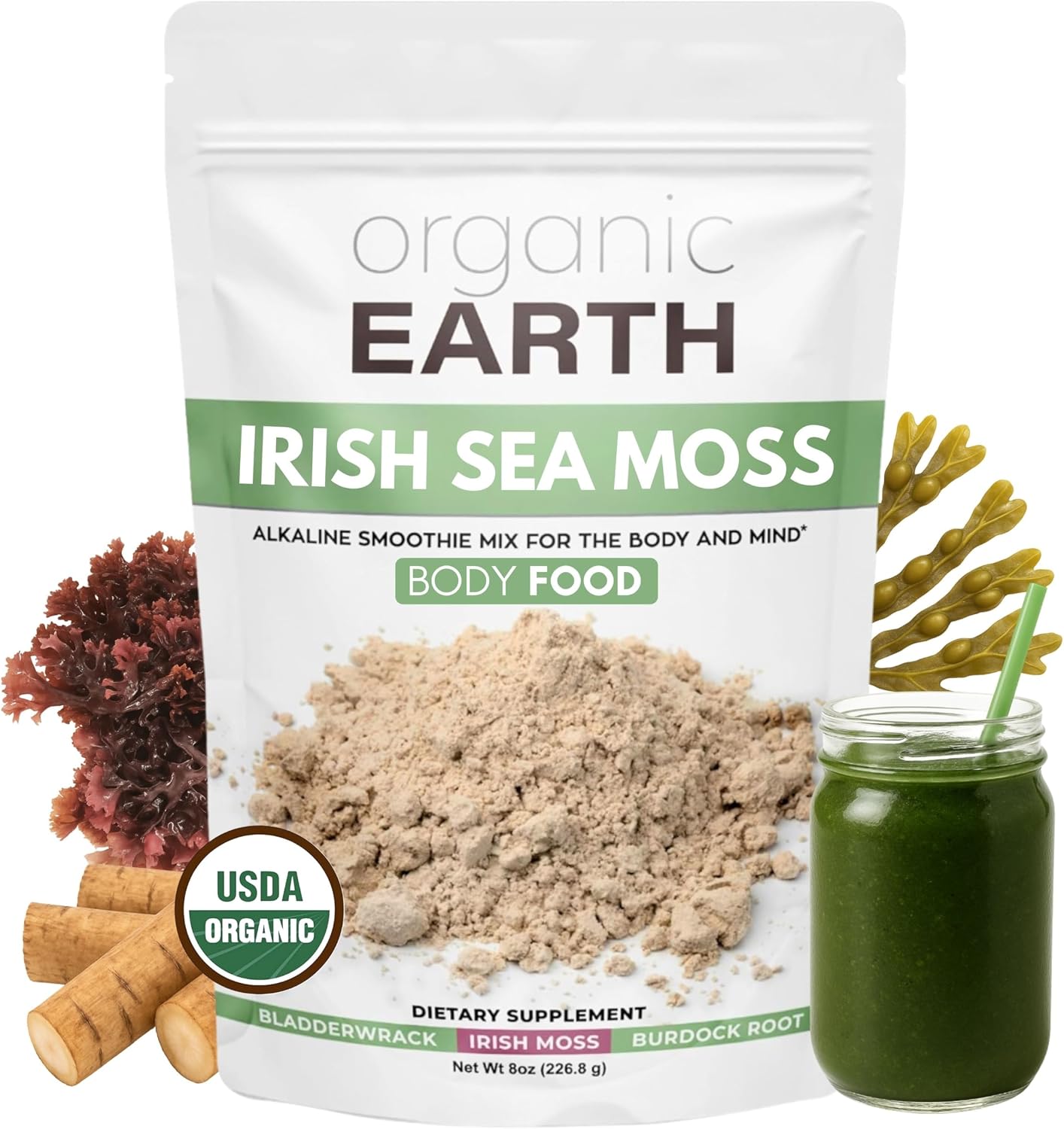 Organic Earth Irish Sea Moss Powder with Bladderwrack & Burdock Root - 227 g - görsel 1