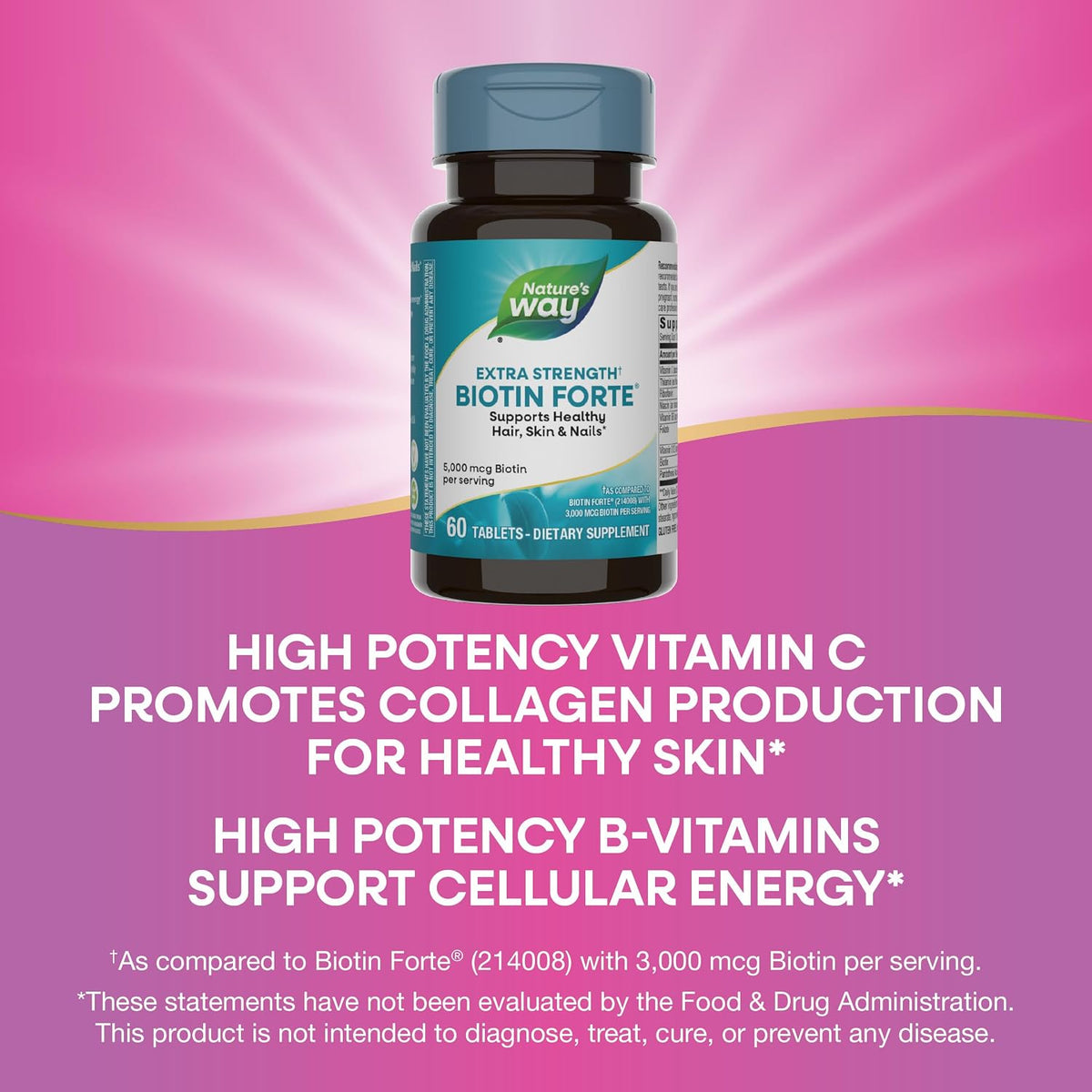 Nature's Way Extra Strength Biotin Forte, Contributes to Normal Hair, Skin and Nails, 5,000 mcg per Serving, High Potency B-Vitamins, Vitamin C, 60 Vegan Tablets - görsel 4
