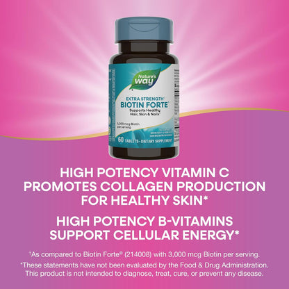 Nature's Way Extra Strength Biotin Forte, Contributes to Normal Hair, Skin and Nails, 5,000 mcg per Serving, High Potency B-Vitamins, Vitamin C, 60 Vegan Tablets