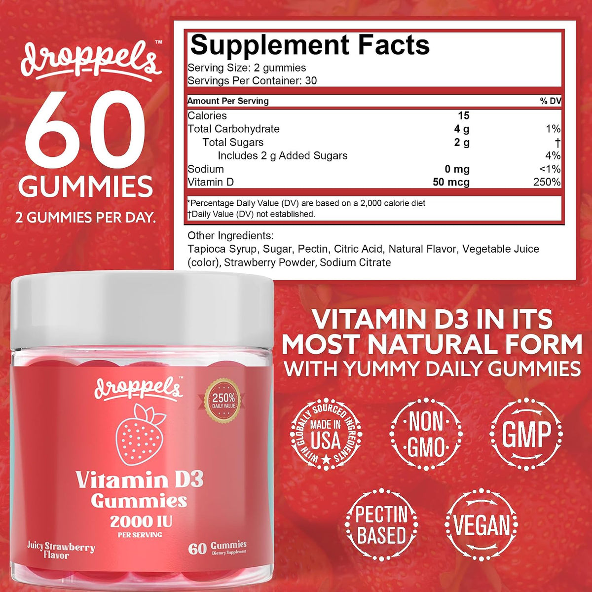 Vitamin D3 Gummies 2000 IU – Extra Strength, Vegetarian, Pectin Plant-Based Vitamin D Gummies for Bone Health Support – Juicy Strawberry Flavour, 60 Count (1 Month's Supply) - görsel 6
