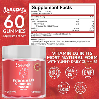 Vitamin D3 Gummies 2000 IU – Extra Strength, Vegetarian, Pectin Plant-Based Vitamin D Gummies for Bone Health Support – Juicy Strawberry Flavour, 60 Count (1 Month's Supply)