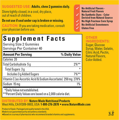 Nature Made Vitamin C Gummies – 250 mg per Serving, 80 Count (40-Day Supply)