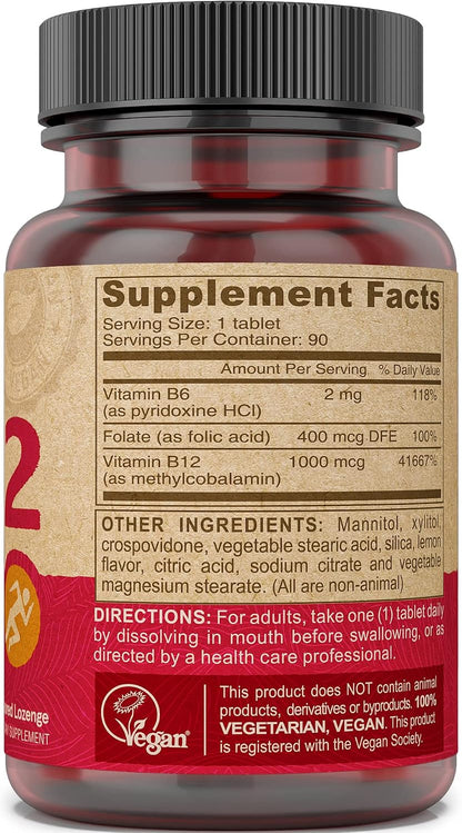 Deva Vegan Vitamin B12 Fast Dissolve Supplement – 1000 mcg Methylcobalamin, Folic Acid, B6 – Lemon Flavour – 90 Tablets