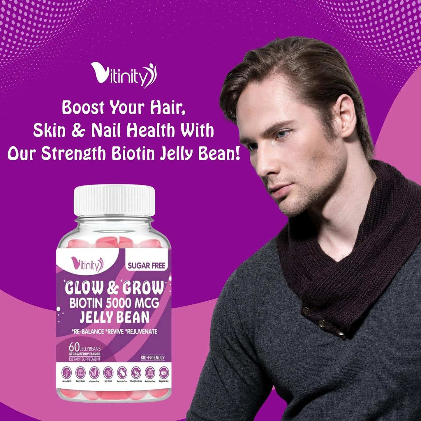 VITINITY Biotin 5000mcg Extra Strength Vegetarian Sugar-Free Supplement – Supports Healthier Hair & Skin – 60 Veggie Jelly Beans (30-Day Supply) - görsel 5