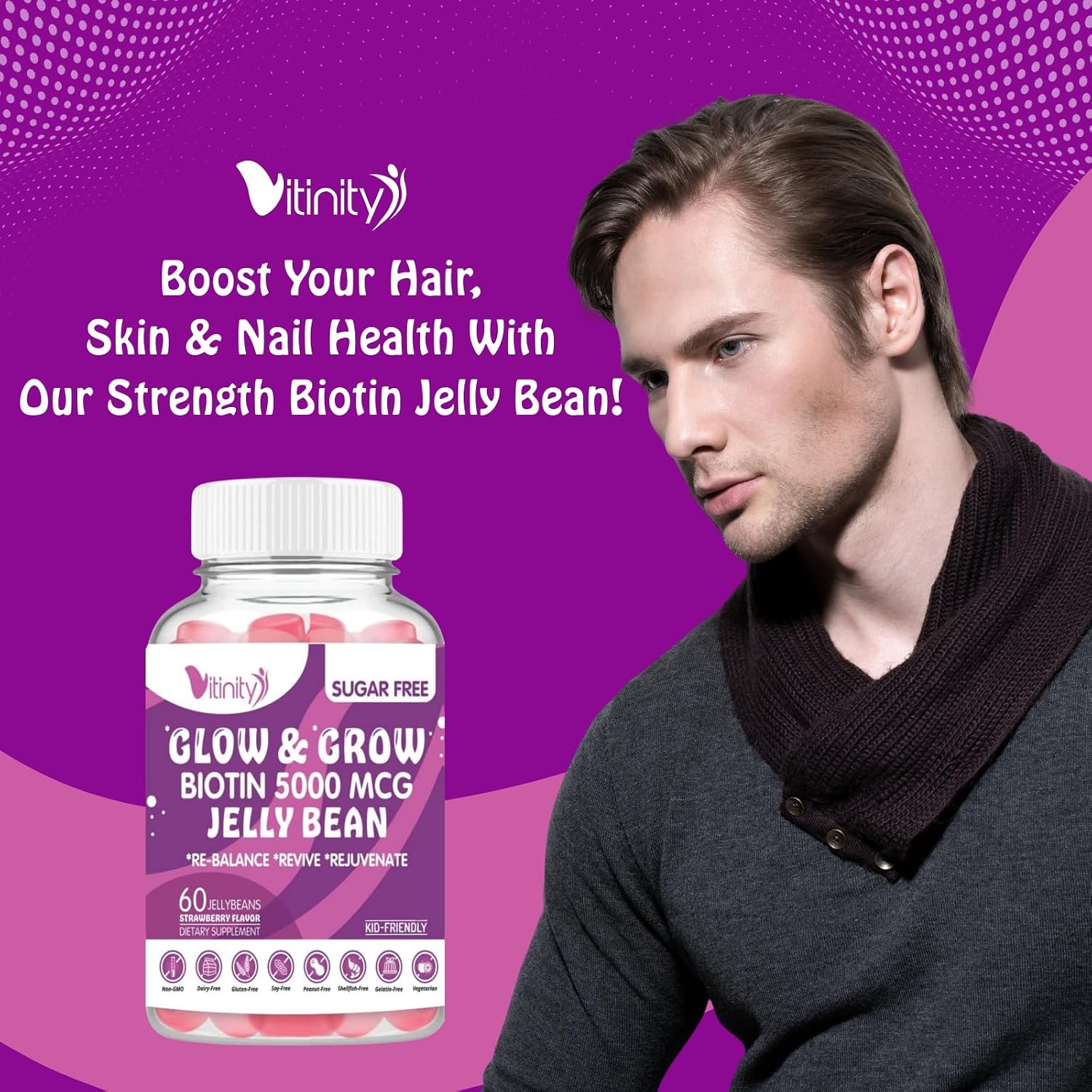 VITINITY Biotin 5000mcg Extra Strength Vegetarian Sugar-Free Supplement – Supports Healthier Hair & Skin – 60 Veggie Jelly Beans (30-Day Supply) - görsel 5