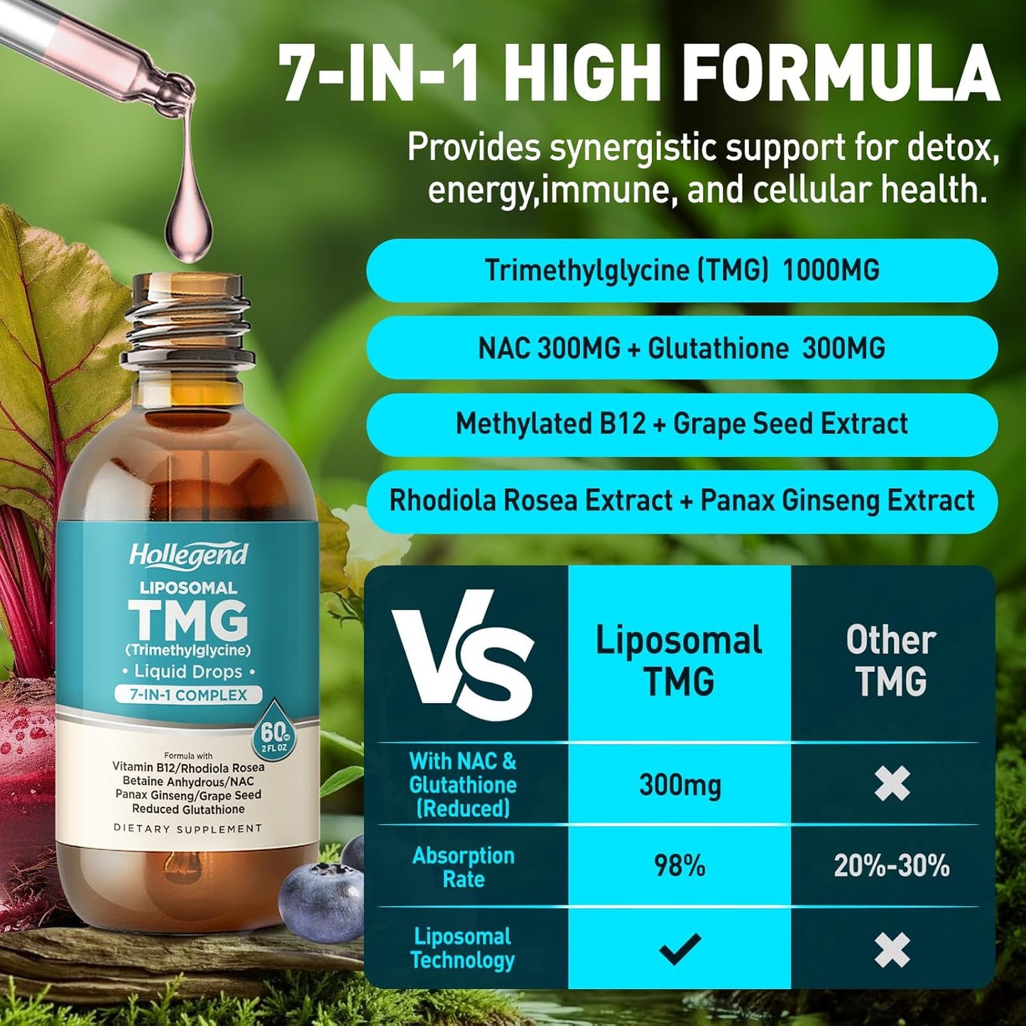 HOLLEGEND Liposomal TMG Supplement Liquid Drops - 1000 mg Trimethylglycine (Betaine Anhydrous) for Methylation Support - Non-GM, Vegan, Blueberry Flavour - 60 ml - görsel 5