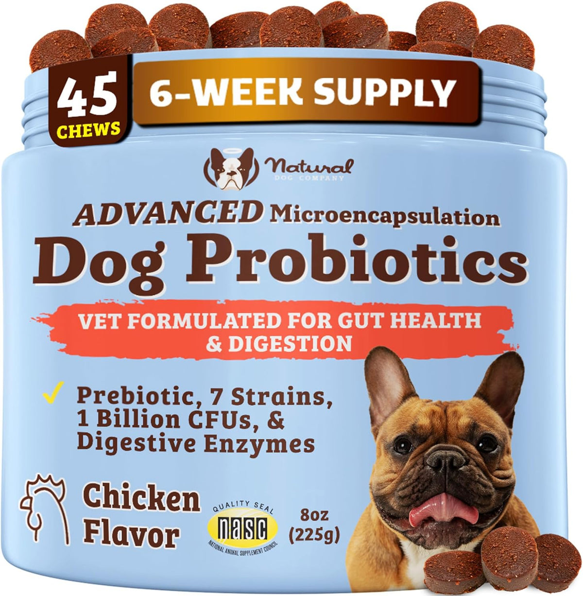 Natural Dog Company Probiotics for Dogs – Dog Probiotic Chews with 1B CFU, Canine-Specific Microencapsulated Strains, Prebiotics & Enzymes for Digestive Health, Stool Quality & Immune Support, 45 Chews - görsel 1