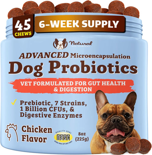 Natural Dog Company Probiotics for Dogs – Dog Probiotic Chews with 1B CFU, Canine-Specific Microencapsulated Strains, Prebiotics & Enzymes for Digestive Health, Stool Quality & Immune Support, 45 Chews