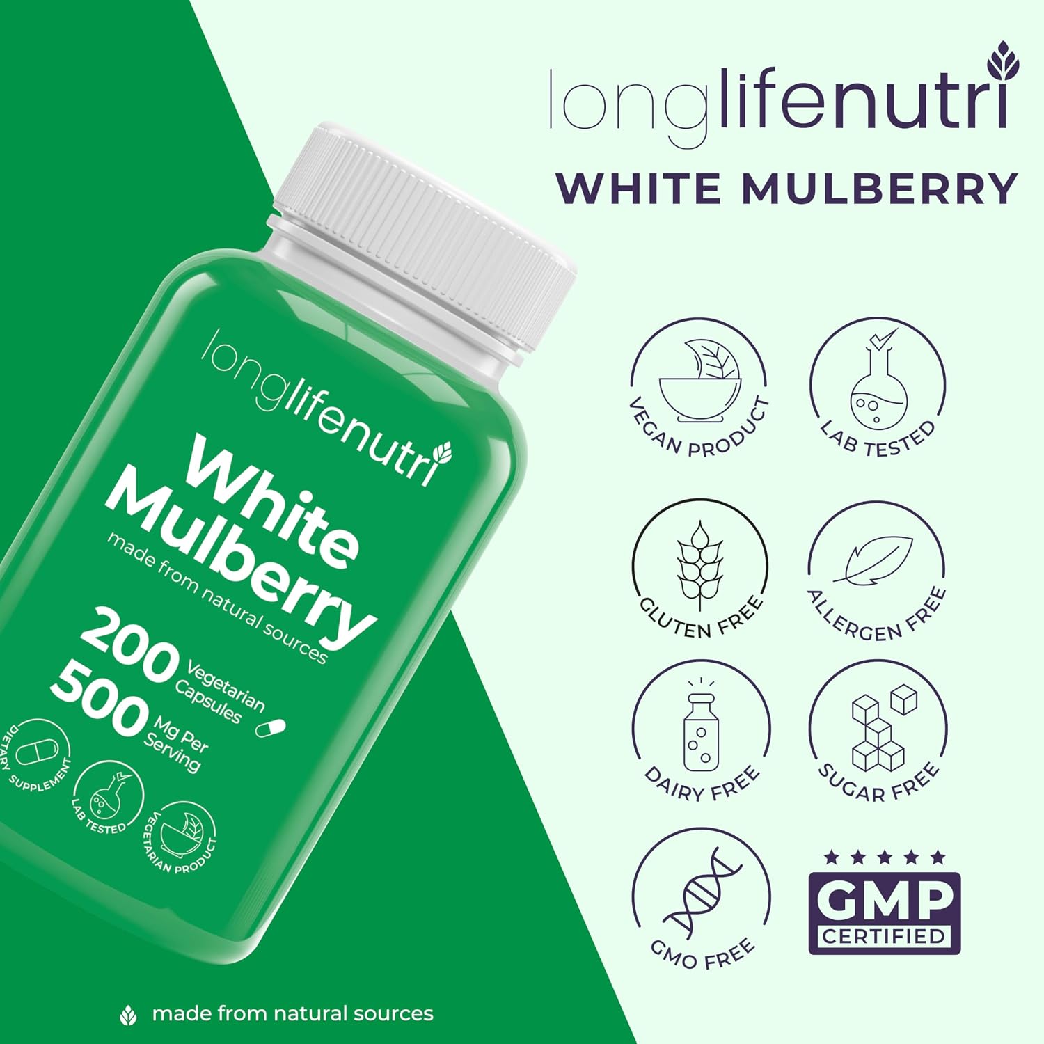 White Mulberry Leaf Extract 500mg - 200 Vegetarian Capsules, Non-GM, GMP Certified, Made in USA - görsel 7