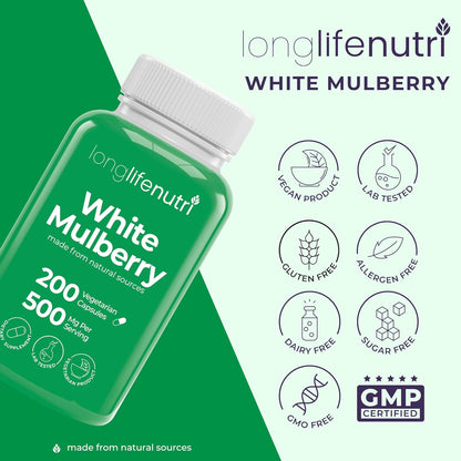 White Mulberry Leaf Extract 500mg - 200 Vegetarian Capsules, Non-GM, GMP Certified, Made in USA