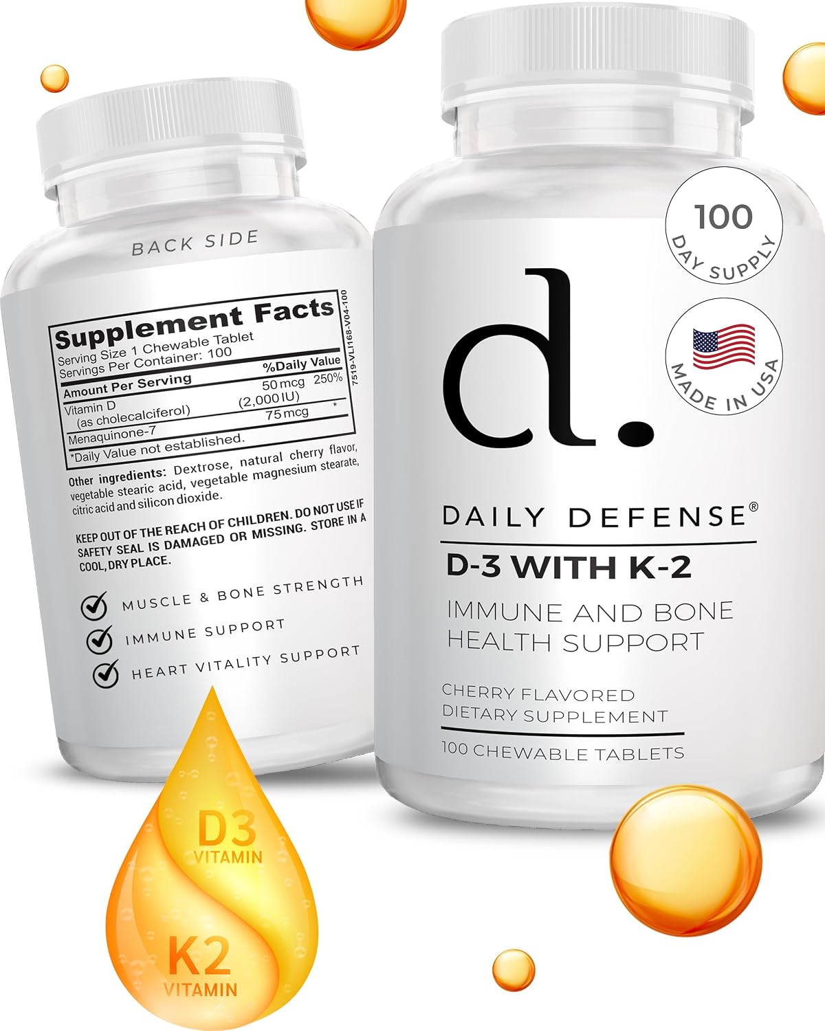 Daily Defence Vitamin D3 & K2 2000IU Chewable Tablets, Cherry Flavour, 100 Count - görsel 1