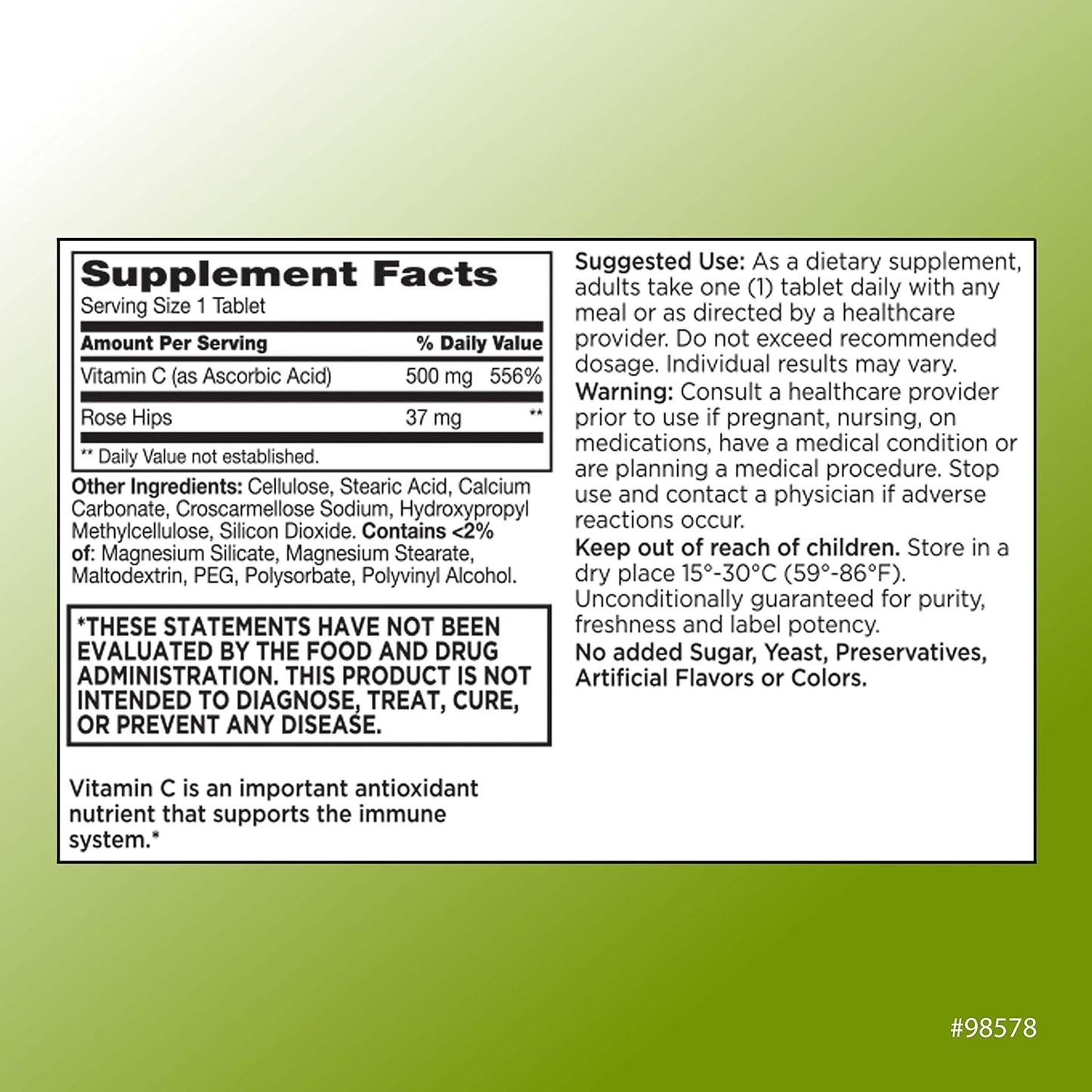 Quality Choice 500 mg Vitamin C with Rose Hip Tablets - 100 Count Bottle - görsel 2