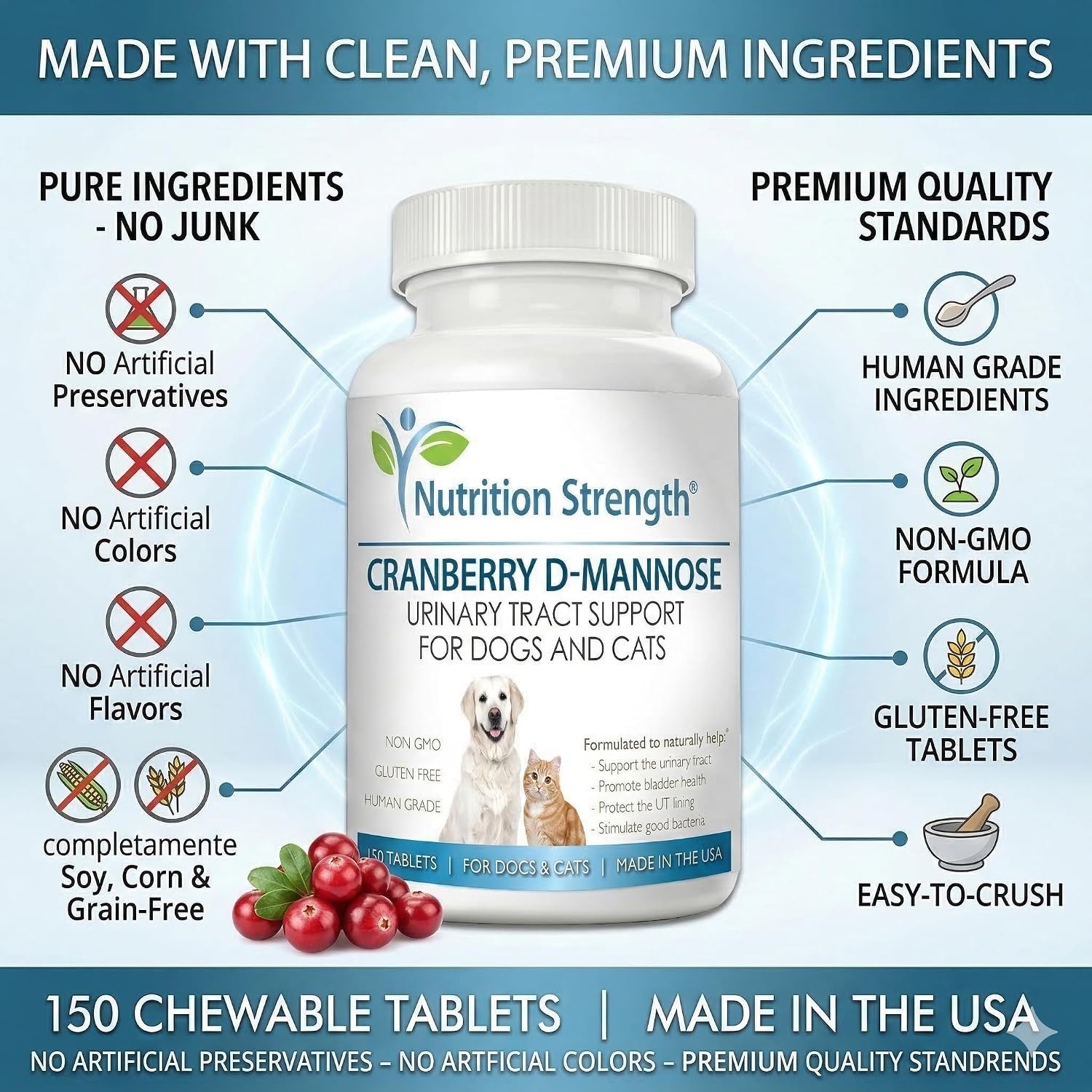 Nutrition Strength Cranberry D-Mannose for Dogs, Urinary Tract and Immune Support, 150 Chewable Tablets - görsel 4