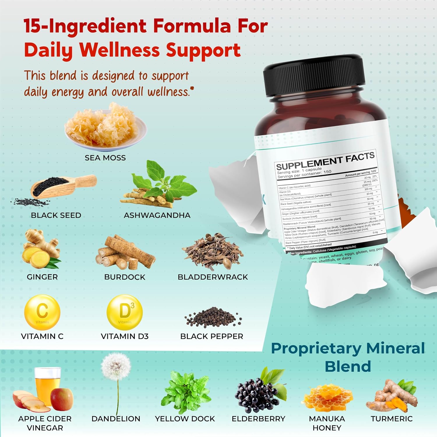 PEAKPURY Sea Moss Black Seed Oil Ashwagandha Ginger Burdock Bladderwrack – Immunity Support - görsel 3