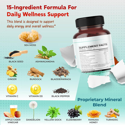 PEAKPURY Sea Moss Black Seed Oil Ashwagandha Ginger Burdock Bladderwrack – Immunity Support