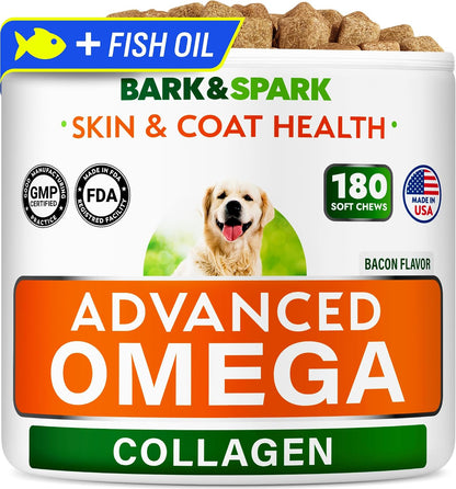 BARK&SPARK Omega-3 for Dogs - 360 Fish Oil Chews for Shedding, Skin Allergy, Itch Relief, Hot Spots Support - Joint Health - Skin and Coat Supplement - EPA & DHA Fatty Acids - Salmon Oil - Bacon Flavour