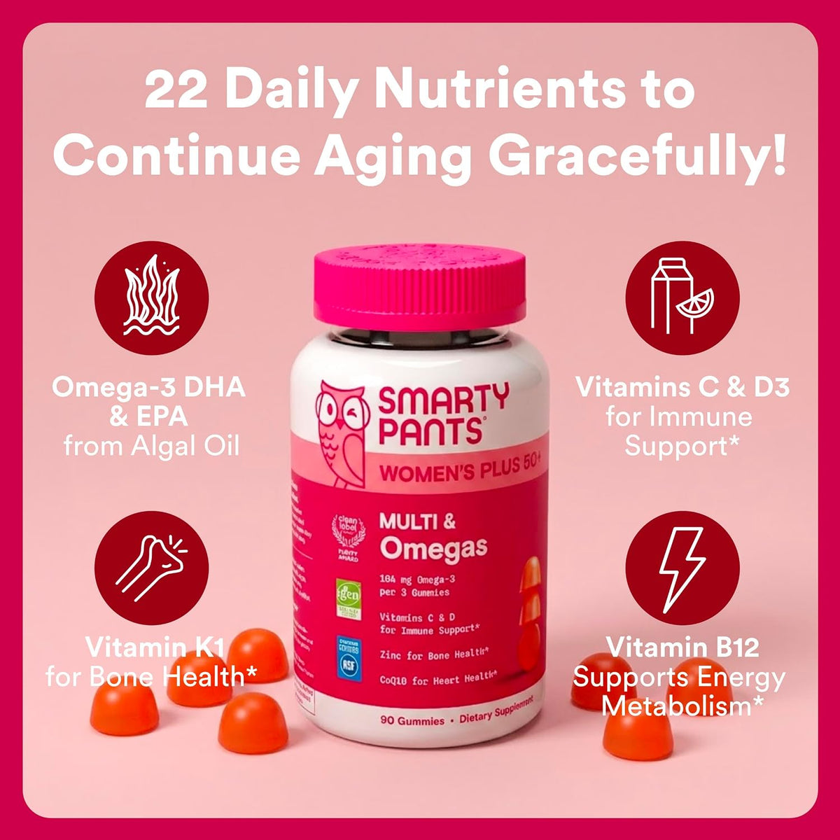 SmartyPants Women’s Plus 50+ Multi & Omegas Multivitamin Gummies with Omega-3 DHA/EPA, Methylfolate, CoQ10, Vitamin D3, C, B12, B6, A, K, Biotin, Two Fruit Flavours, 90 Count (30 Day Supply) - görsel 2