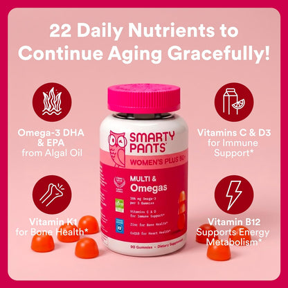 SmartyPants Women’s Plus 50+ Multi & Omegas Multivitamin Gummies with Omega-3 DHA/EPA, Methylfolate, CoQ10, Vitamin D3, C, B12, B6, A, K, Biotin, Two Fruit Flavours, 90 Count (30 Day Supply)