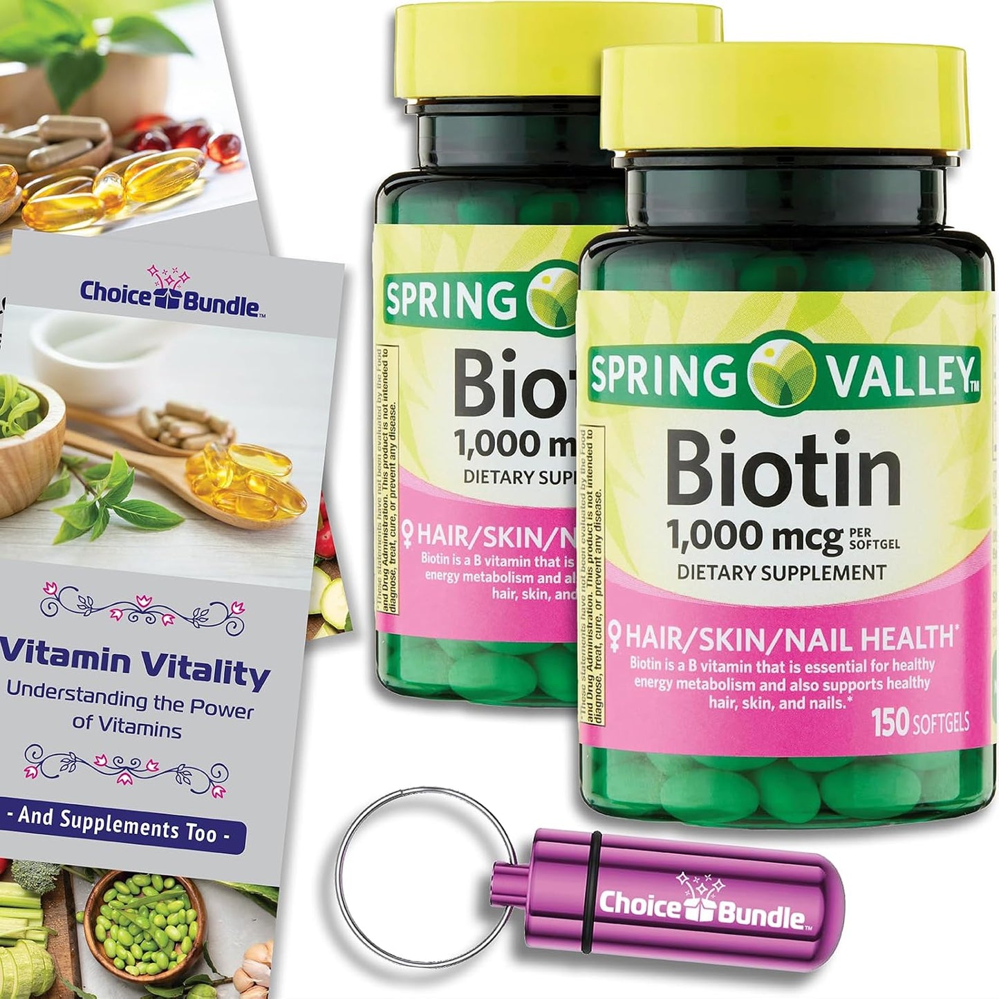 Spring Valley Biotin Soft gel capsules 1000mcg – 2 Pack (300 Soft gel capsules) + Bonus Vitamin Guide and Pill Container - görsel 1