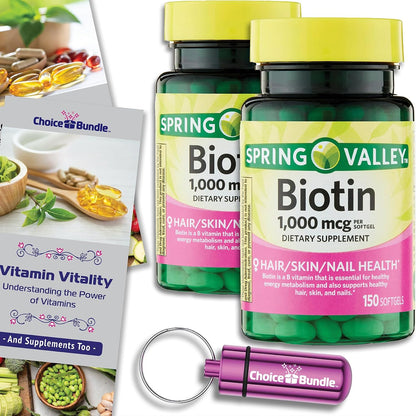 Spring Valley Biotin Soft gel capsules 1000mcg – 2 Pack (300 Soft gel capsules) + Bonus Vitamin Guide and Pill Container