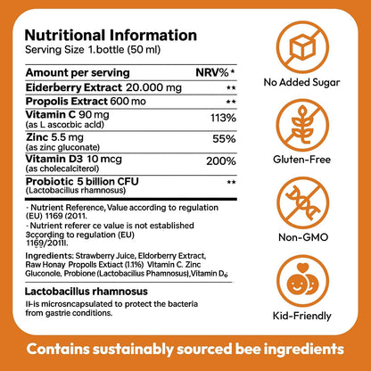 Bee & You Kids Propolis Immune Day Time Shot - Probiotic, Vitamin C, Vitamin D3, Zinc - Immune & Gut Health - 50 ml (12 Pack)