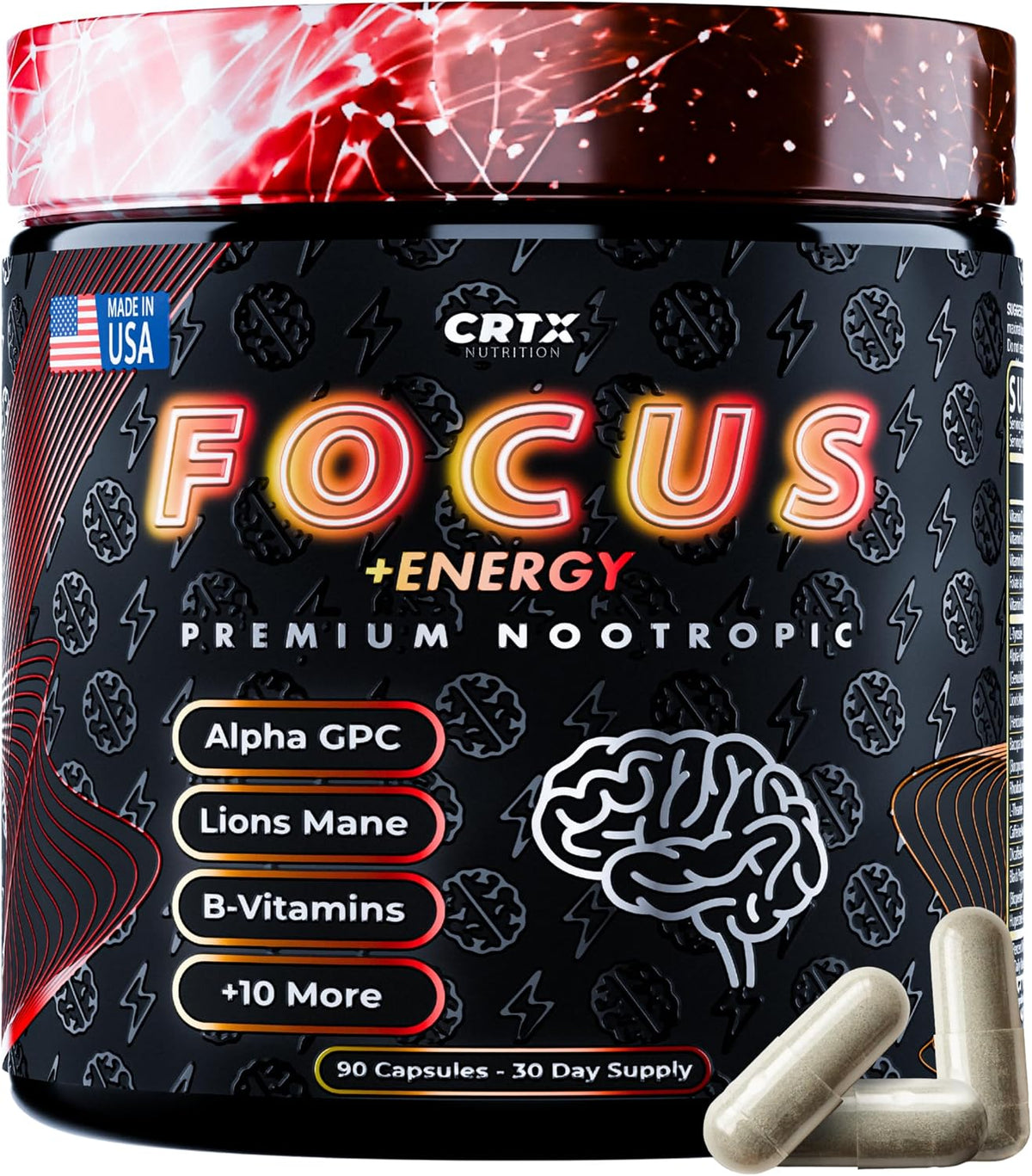CRTX Nutrition Focus - Nootropic Brain Supplement with AlphaGPC, Lion's Mane, Rhodiola - 90 Capsules - görsel 1