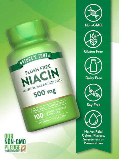 Nature's Truth Flush Free Niacin 500mg, 100 Capsules – Non-GMO & Gluten-free Food Supplement