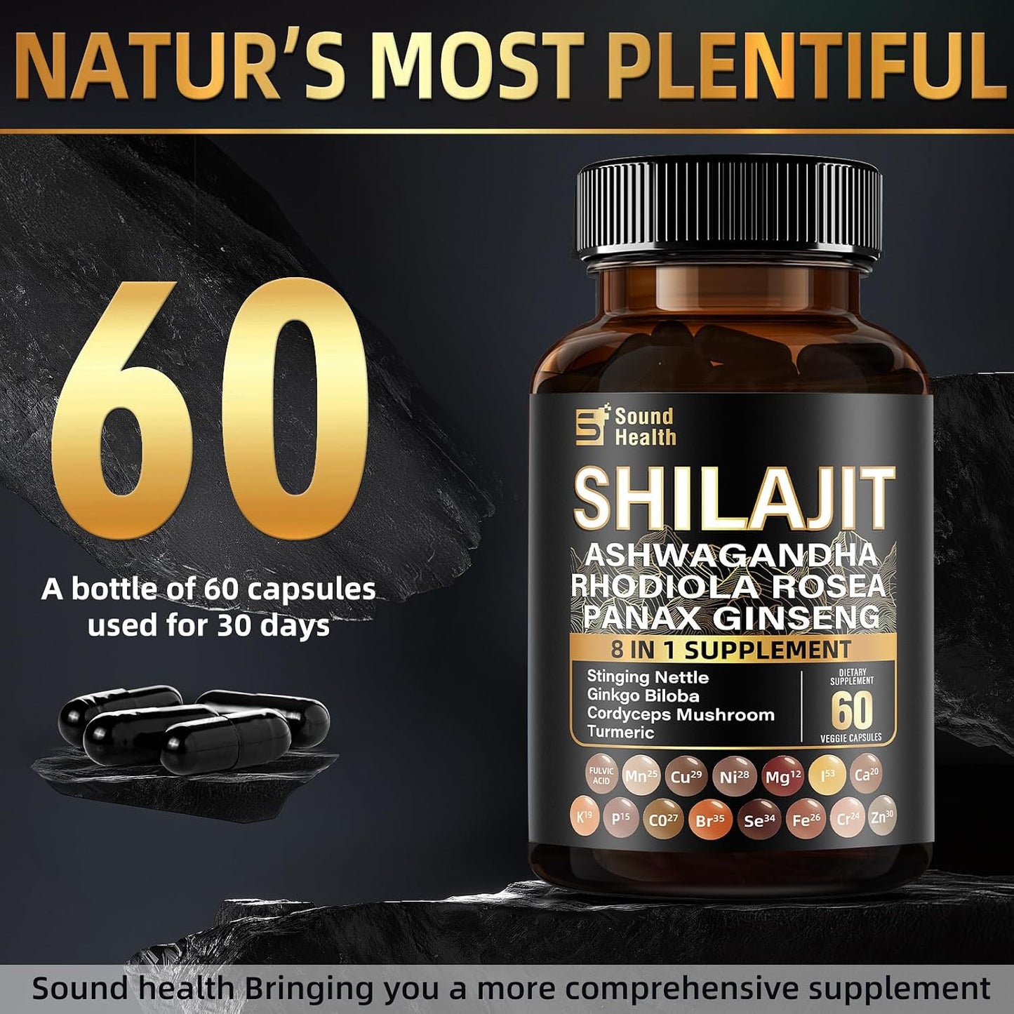 SoundHealth Shilajit Capsules - 60 Capsules, Easy to Swallow, Gluten-free, Non-GMO - görsel 2