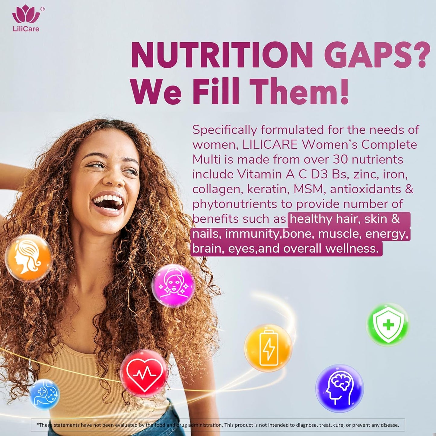 LILICARE Women's Multivitamin Gummies – Methylated Multivitamin with Biotin, Iron, Collagen, Methylfolate, B Complex, Hair, Skin and Nails Support, No Added Sugar, 60 Count - görsel 4