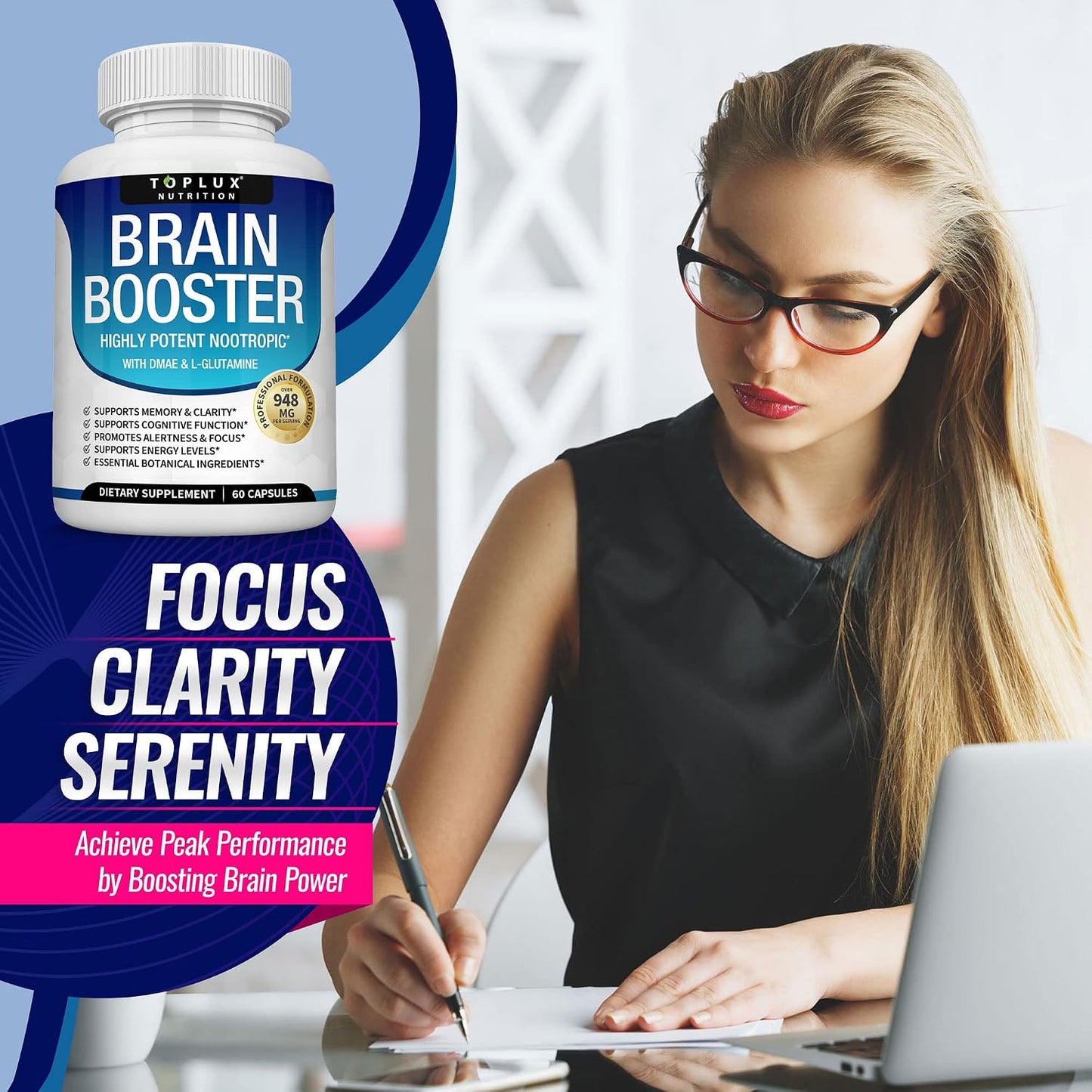 Toplux Brain Supplement Nootropic – DMAE, Bacopa Monnieri, L-Glutamine, 60 Capsules - görsel 7