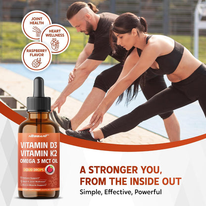 Vitamin D3 10,000 IU & K2 150mcg Liquid Drops with Omega-3 MCT Oil – Immune Support, Heart & Joint Health, Bone & Muscle Support – Raspberry Flavour – 60ml