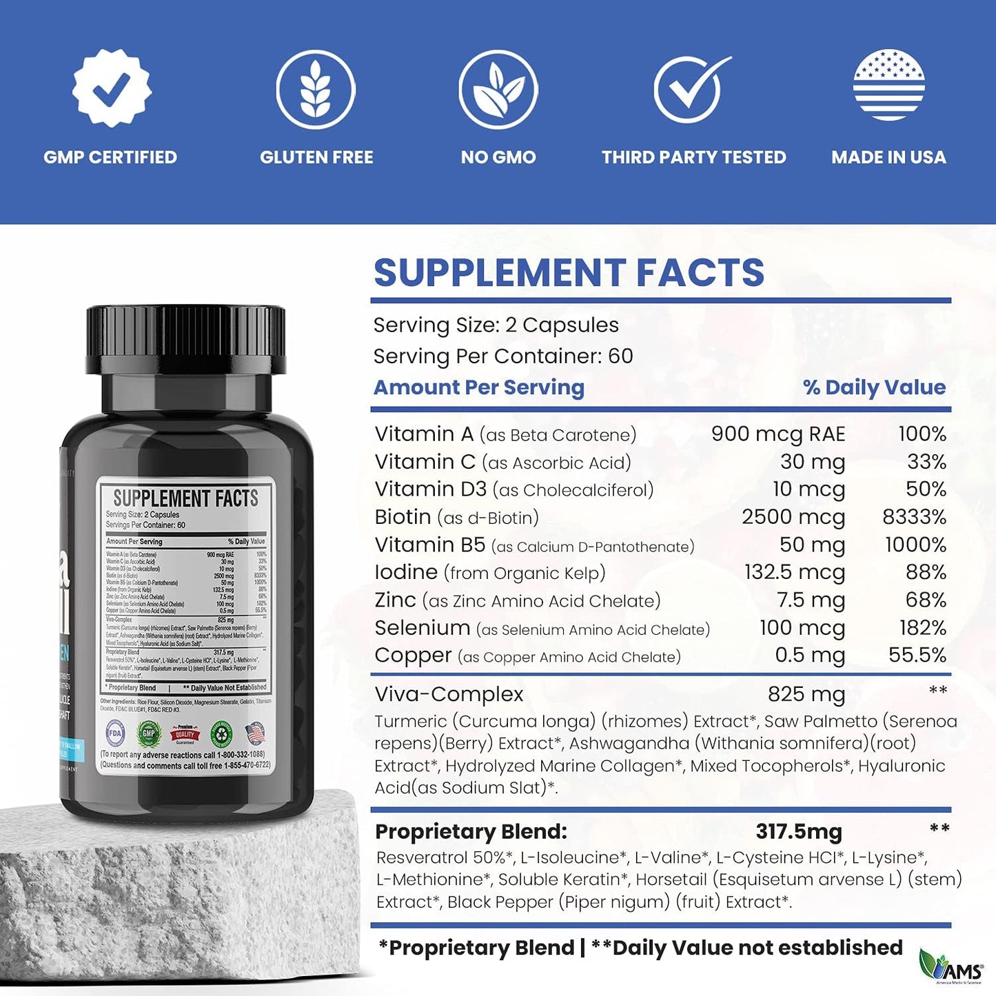 America Medic & Science VivaPill for Men – Hair, Skin & Nails Food Supplement with Biotin, Collagen & Keratin (120 Capsules) - görsel 5