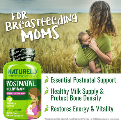 NATURELO Postnatal Multivitamin - Supplement for Breastfeeding Women - Plant-Based Vitamin D, Folate, Gentle Iron - 180 Capsules (Pack of 2)