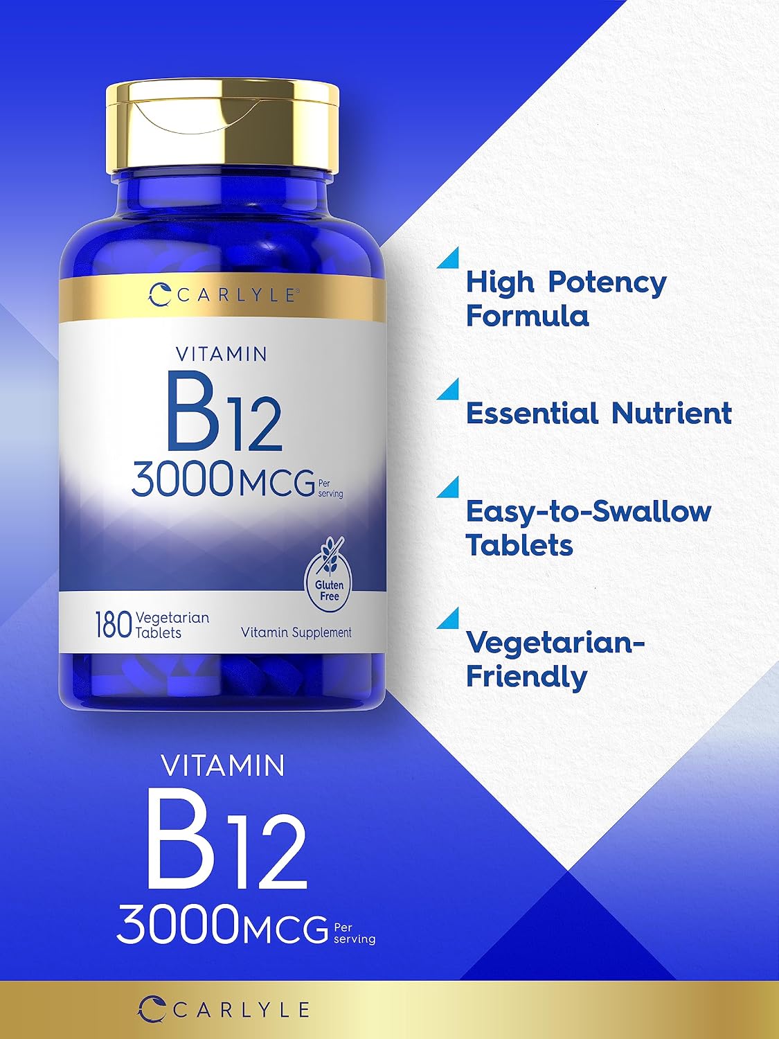 Carlyle Vitamin B12 3000 mcg, 180 Tablets - Vegetarian, Non-GMO, Gluten-free Supplement - görsel 3