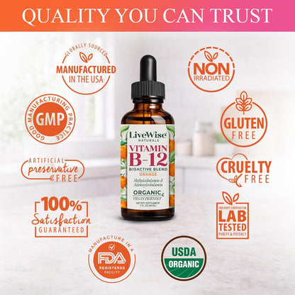 Organic Vitamin B12 1000 mcg Sublingual Liquid Drops - Orange, 30 ml (6-Month Supply)