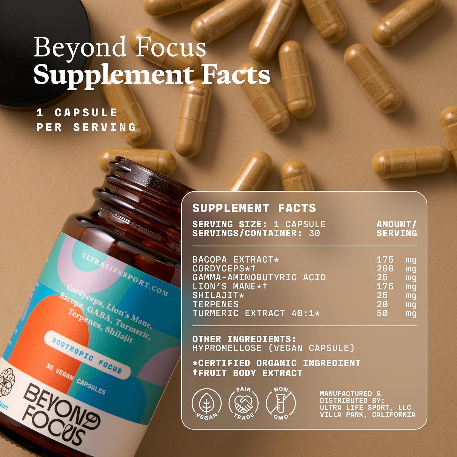 Beyond Focus Organic Mushroom Supplement - Brain Support for Memory and Focus - 30 Capsules - görsel 2