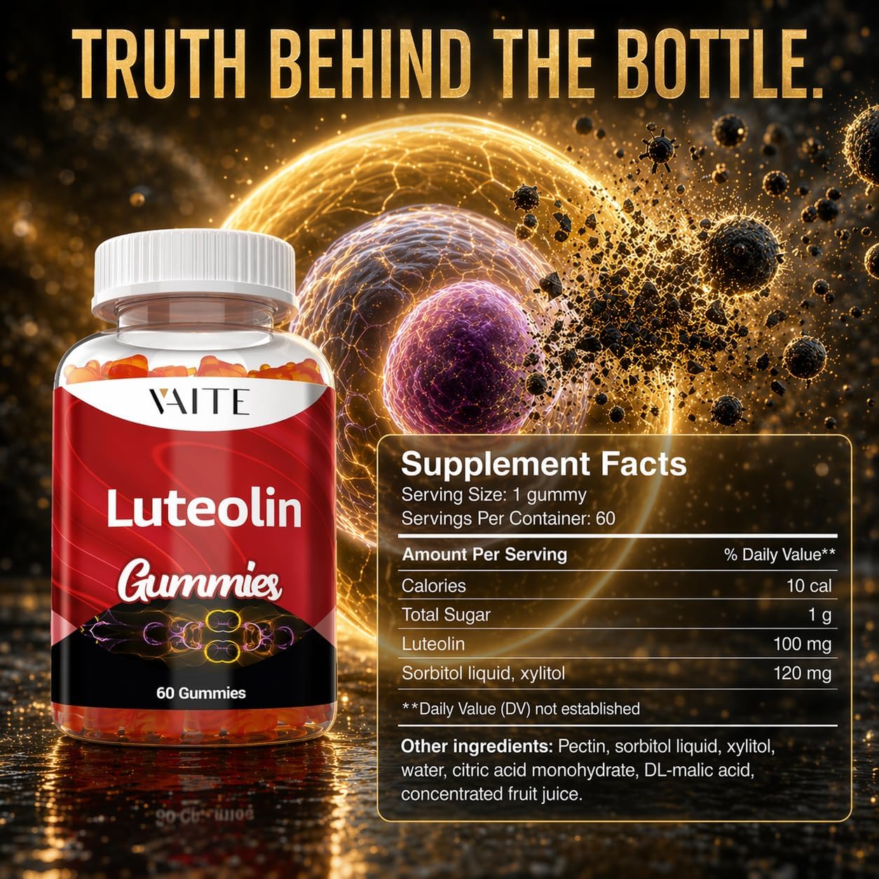 VAITE Luteolin 100mg Gummies – Vegan, Non-GMO, Sugar-Free – Antioxidant Supplement for Daily Vitality – 60 Chewable Gummies - görsel 3