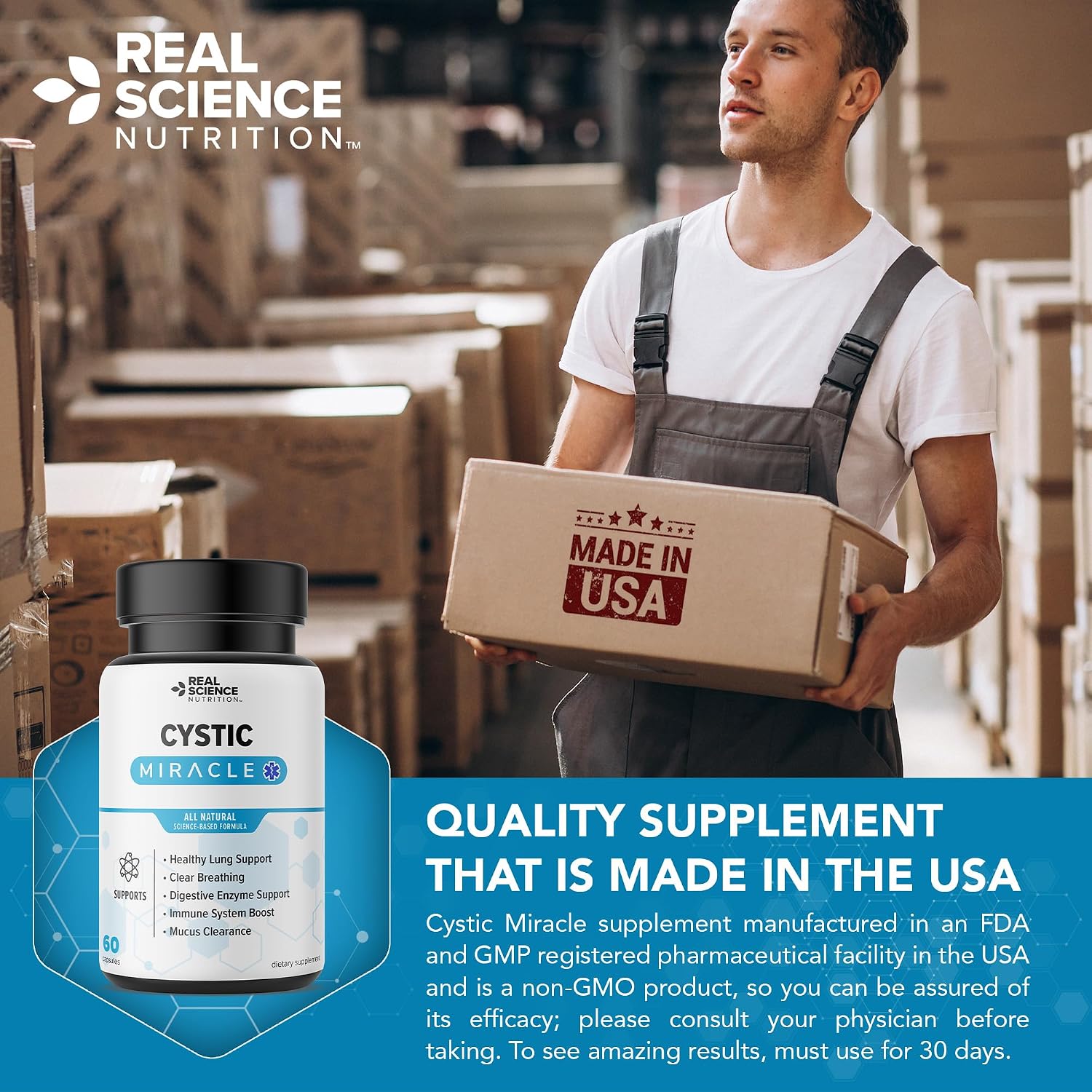 Real Science Cystic Miracle - Lung Support Supplement for Breathing Support and Mucus Clearance – with Vinitrox & GABA to Support Lung Function and Aid Respiratory Health, Made in the USA, 60 Capsules - görsel 8