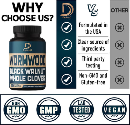 DEDICAD 12in1 Wormwood Black Walnut Clove Capsules - Immune and Wellbeing Support - 90 Vegan Capsules (3-Month Supply)