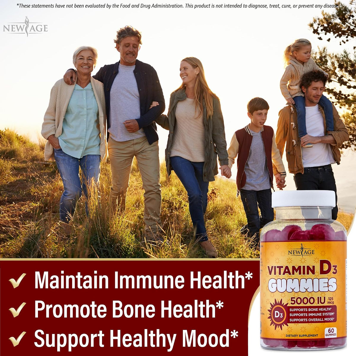 NEW AGE Vitamin D3 5000 IU Gummies - Immune Support - Non-GMO, Gluten-Free, Dairy-Free - 120 Gummies (Pack of 2) - görsel 4