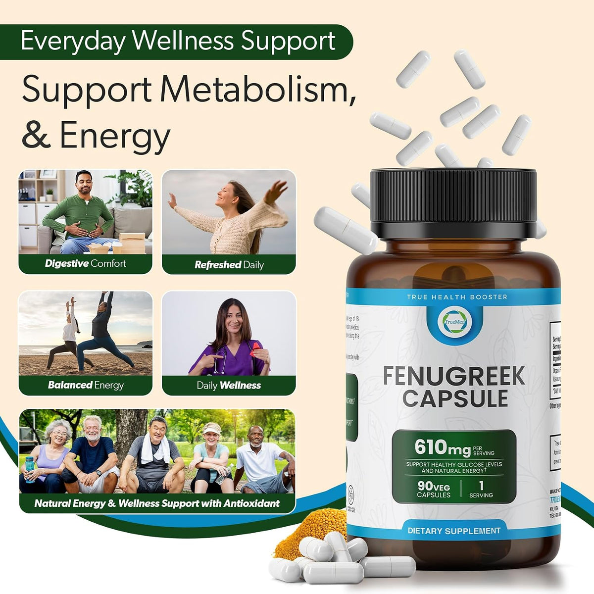 TRUEMED Organic Fenugreek Capsules 610 mg – Digestive Comfort, Natural Energy and Wellness Support (90 Capsules) - görsel 8