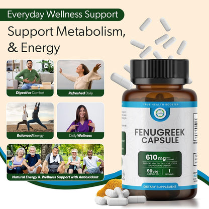 TRUEMED Organic Fenugreek Capsules 610 mg – Digestive Comfort, Natural Energy and Wellness Support (90 Capsules)